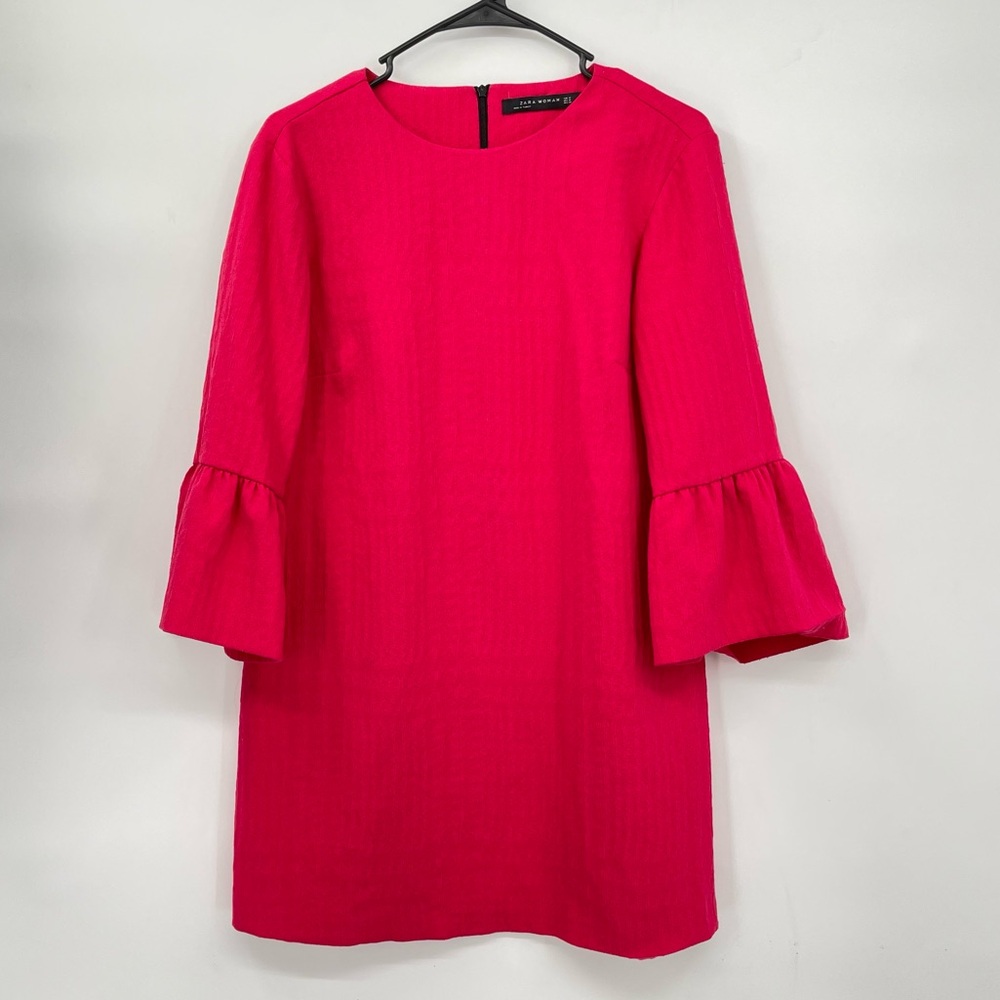 Zara Medium Shift Dress Womens Pink Bell Sleeve Textured Mini Round Neck Zip‎